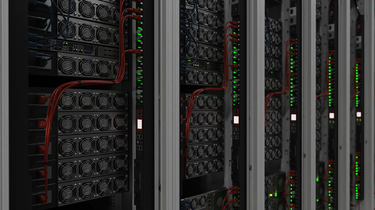 lock graphic in blue data center showcasing Servertech's reliable rack PDU solutions.
